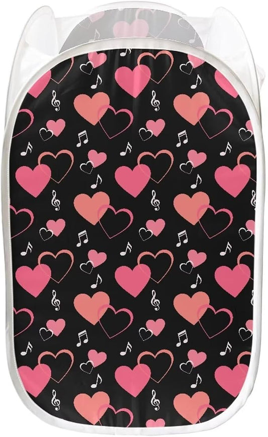 AFPANQZ Laundry Hamper Portable Collapsible for Storage and Easy to Open, Love Heart Music Folding Pop-Up Clothes Hampers Nursery Baskets for College Dorm Hotel Home or Travel 61L