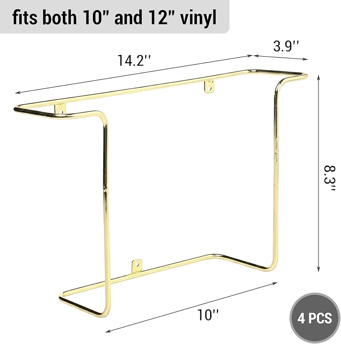 MyGift Modern Metal Wire Wall Mounted Vinyl Records Storage Racks, Hanging LP Record Holders, Floating Album Cover Display Shelves, Set of 2 (Brass- 4 Pcs)