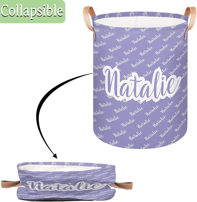 Personalized Laundry Basket, Custom Gift Laundry Hamper, Collapsible Nursery Waterproof Laundry Baskets, Dirty Clothes Toy Hamper with Handles Purple Name