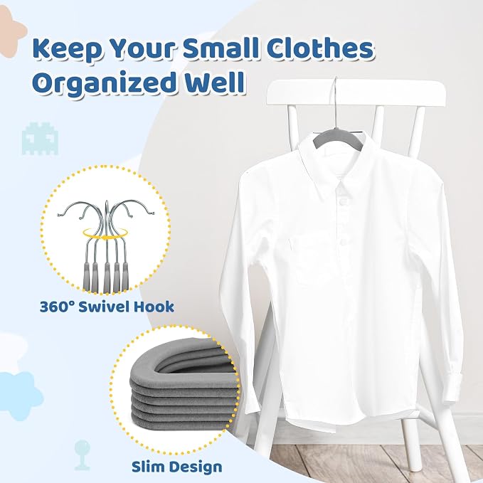 Smartor Premium 14 Inch Kids Hangers 50 Pack, Baby Velvet Hanger Non Slip | Grey Space Saving Felt Hangers Clothes Organizers for Closet with 360° Swivel Hook for Children, Toddler & Teens