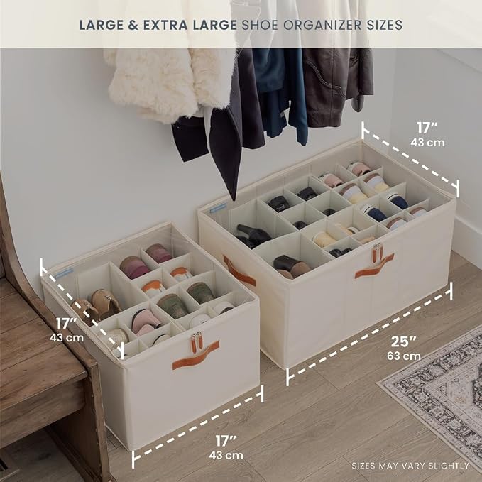 OrganiHaus Large Shoe Storage Bin for Closet, Shoe Organizer Box Fits up to 16 Pairs, Collapsible Fabric Shoe Basket w/Clear Cover, Adjustable Dividers & Reinforced Handles, Off-White