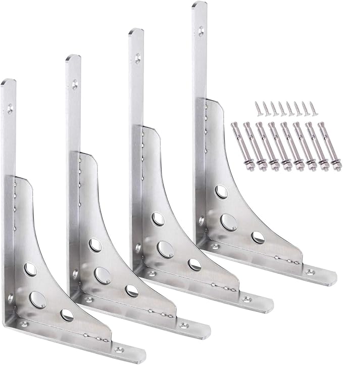 CBTONE 12 Inch Heavy Duty Shelf Bracket, Pack of 4, Wall Mounted Floating L Bracket Stainless Steel Triangle Shelf Supporter, Thicken 4mm, Included Free Screw Accessories