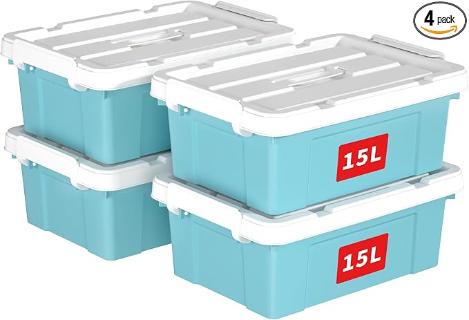 Cetomo Lidded Storage Bin with Handle, Tote Organizing Container with Durable Lid and Secure Latching Buckles, Stackable and Nestable, Plastic, 16 Quart-4 Pack, Blue