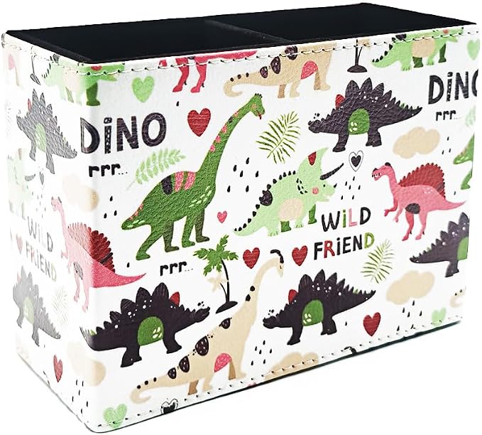 Pen Holder, Rectangle Vintage Pencil Holder with 2 Compartments, PU Leather Art Remote Control Holder Organizer Storage for Desk Accessory (Dinosaur)