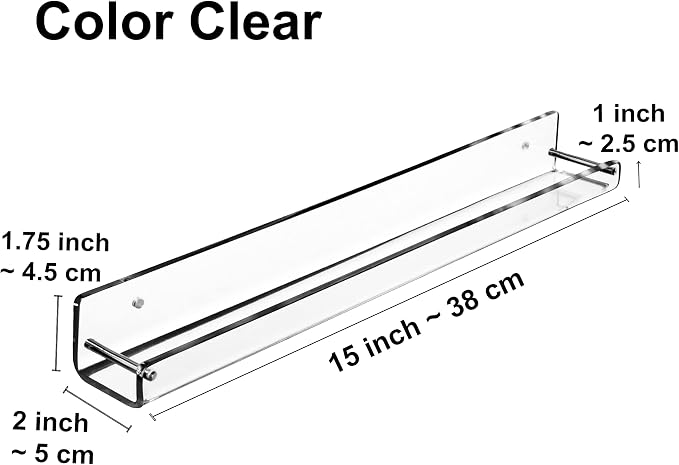 AMT 3 Pack Acrylic Floating Shelves, 15 L x 1.8 W, Clear Bathroom Wall Shelf, Bookshelves, Invisible Display for Office, Bedroom, Small Gap Allows Water to Escape, Free Screws & Drill Bit (Small)