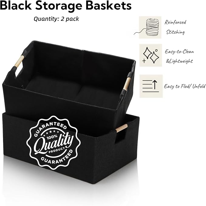 ZOOFOX Set of 2 Black Storage Baskets, Closet Storage Bins with Wooden Handles, Foldable Rectangular Storage Baskets for Shelves, Closets, Home, Office