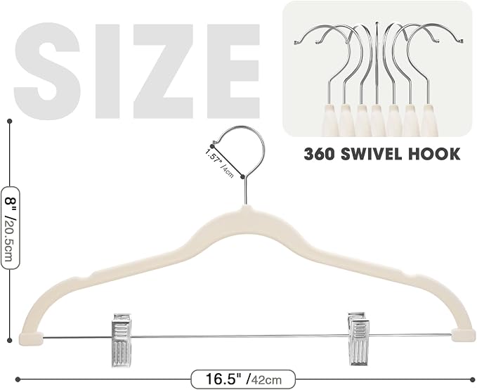 48-Pack Beige Velvet Hangers with Clips Adjustable,Adult Hangers,Heavy-Duty,Felt,Non-Slip,Space Saving,Slim Outfit Hanger for Pants, Skirts, Suits,Coats, Dresses ect.