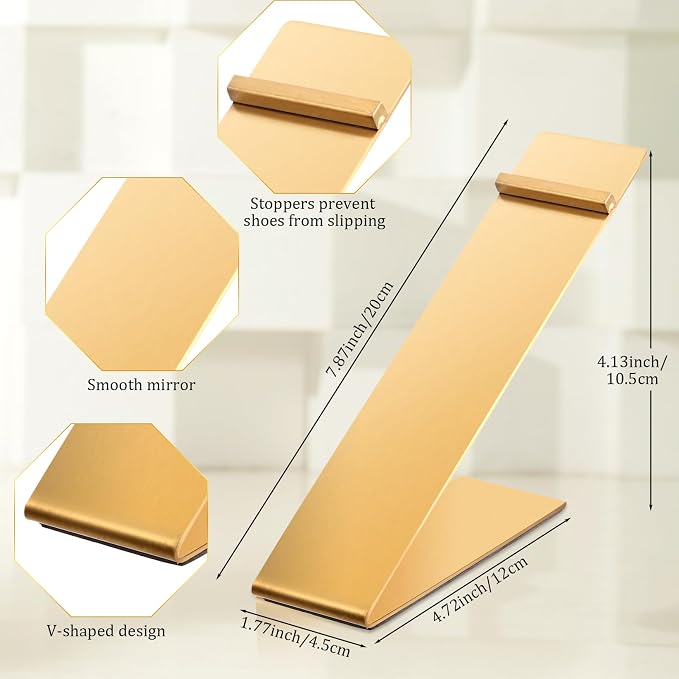 Therwen 8 Pcs Gold Shoe Display Stand Shoe Rack Stainless Steel Golden Metal Riser High Heel Display Rack Holder for Home Shopping Malls (Shape V,Golden)