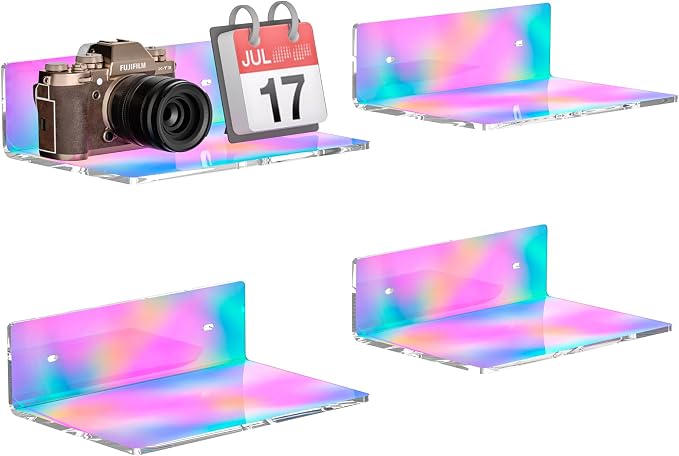 Sezanrpt 9 Inch Iridescent Wall Shelves, Acrylic Small Floating Shelf, Home Wall Display Shelf for Storage, Room Décor, Space Saving, Items Organizer, Bathroom Organizer, 4 Pack