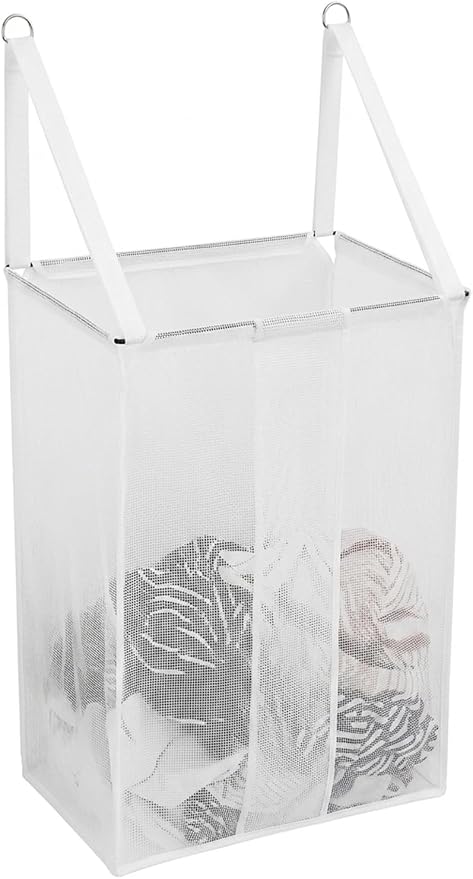 ALYER Wall Hanging Mesh Laundry Hamper,Over the Door Large Storage Bag with Big Metal Support Opening,Hardware Included (White)