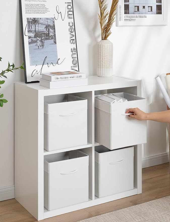 StorageWorks White Storage Cubes, 11-inch Leather Bins with Handle, Cube Organizer Baskets for Shelves and Closet, Collapsible Storage Bins, 4-Pack