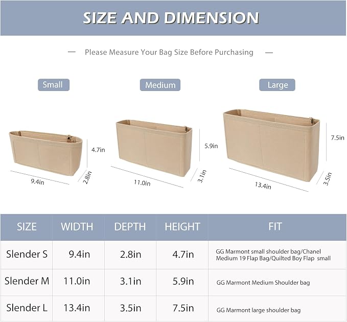 Surblue Purse Organizer Insert for Handbags, Felt Bag Organizer with Zippers Handbag Shaper Pouch for Classic 19 Flap Bag, Marmont, Onthego,（Khaki, Slender M）