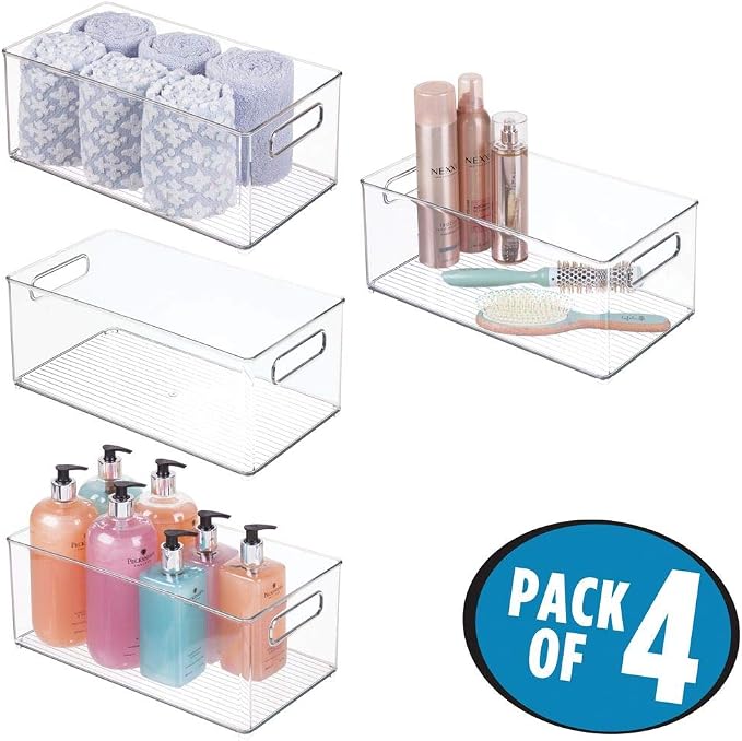 mDesign Plastic Bathroom Storage Container Bins w/ Handles - Closet, Cabinet, Vanity, Cupboard Shelf Organization, Hair Tools Accessory Organizer - Ligne Collection; Clear, 14.6x8.1x6 (Pack of 4)