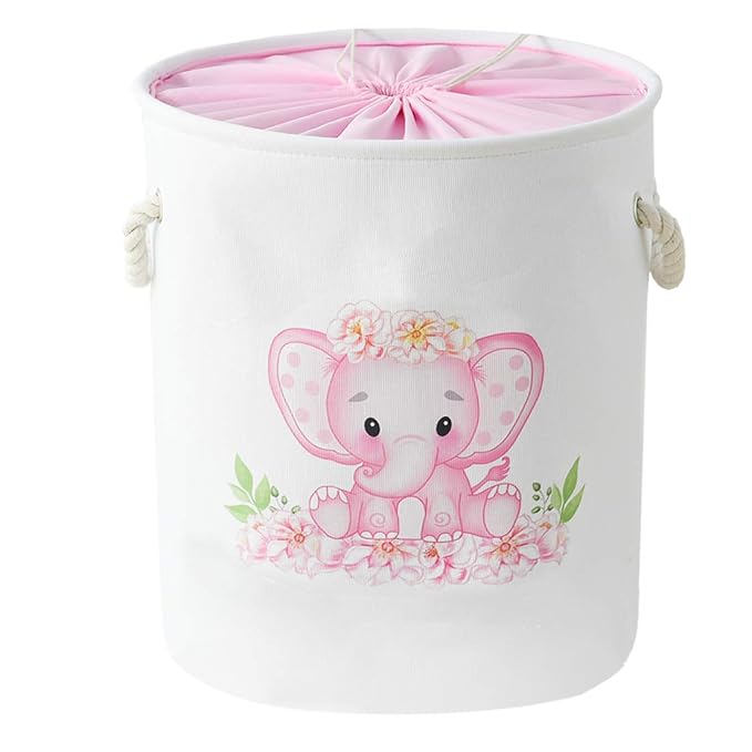 Laundry Baskets Kids Laundry Hamper, Pink Baby Hamper Elephant Basket Large Collapsible Kids Hamper with Handles Waterproof Round Linen Storage Basket for Toddler/Girls (Pink Elephant)