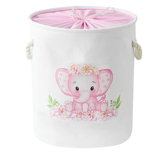 Laundry Baskets Kids Laundry Hamper, Pink Baby Hamper Elephant Basket Large Collapsible Kids Hamper with Handles Waterproof Round Linen Storage Basket for Toddler/Girls (Pink Elephant)