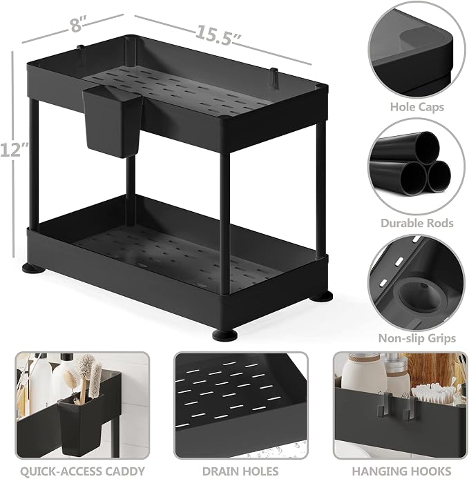 Under Sink Organizers and Storage | Bathroom Cabinet Organizer, Sink Shelf with Utility Hooks and Side Caddy for Under Cabinet Storage | Black (1-Pack) Non Slip Grip Under Kitchen Sink Organizer