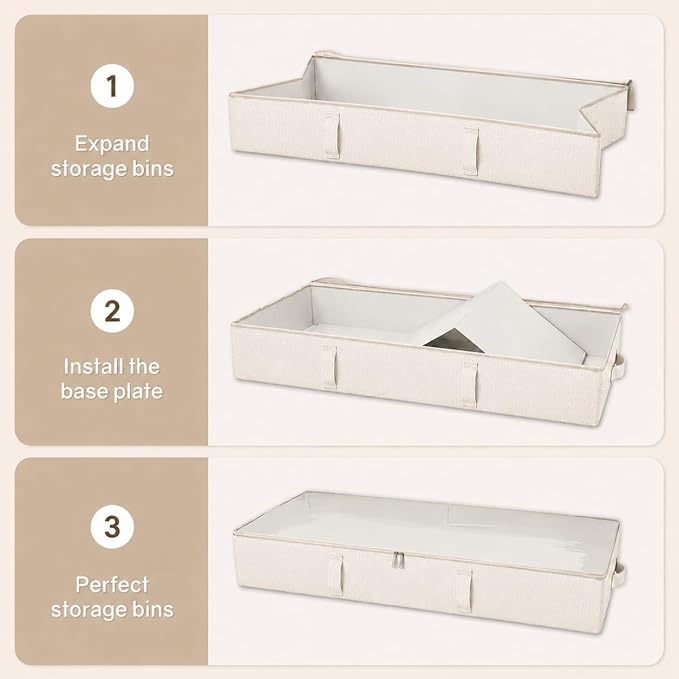 Vailando Side-Supported Under Bed Storage Containers, 6 Inches Tall 60L Underbed Storage Bins with Sturdy Handles and Sidewalls, Closet Organizer for Clothes, Blankets, Seasonal Items, Beige, 2-Pack