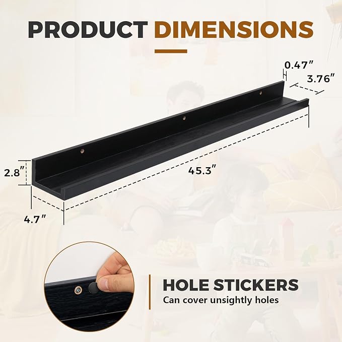 Muzilife 45.3" Large Floating Shelves Wood Wall Shelf with Lip, 2Pcs, Black | FSC-Certified Wood | 20 lbs Capacity | Space-Saving | Hanging Shelf | Wall Decor| Bedroom,Living Room,Bathroom,Kitchen,Office
