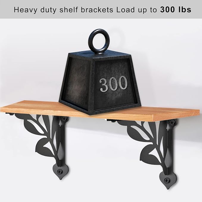 SELEWARE Heavy Duty Shelf Brackets 10 Inch, Branch Shelves Brackets, 300LB Capacity Decorative Metal L Brackets for Floating Shelves, Black Rustic Wall Mount Shelving Bracket with Screws, 2 Pack