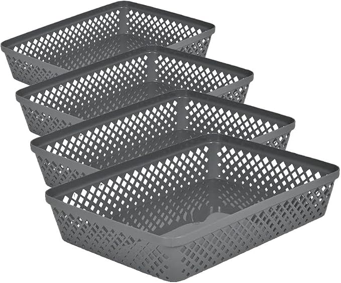 Glad Plastic Storage Basket Set - Multipurpose Drawer Trays, Kitchen Pantry Containers, and Bathroom Bins - Large Organizers, Grey, 3 Count (Pack of 4)