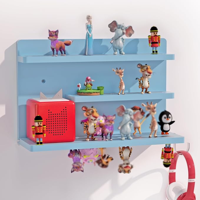 for Tonies Shelf Magnetic - 3 Tier Wooden Tonies Figure Organizer, Blue | Tonies Box Holder, Magnetic Display Shelf for Kids Room, Wall Floating Shelves Toy Storage Compatible Charging Station