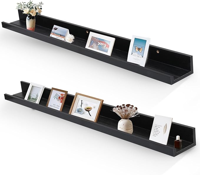 Muzilife 45.3" Large Floating Shelves Wood Wall Shelf with Lip, 2Pcs, Black | FSC-Certified Wood | 20 lbs Capacity | Space-Saving | Hanging Shelf | Wall Decor| Bedroom,Living Room,Bathroom,Kitchen,Office