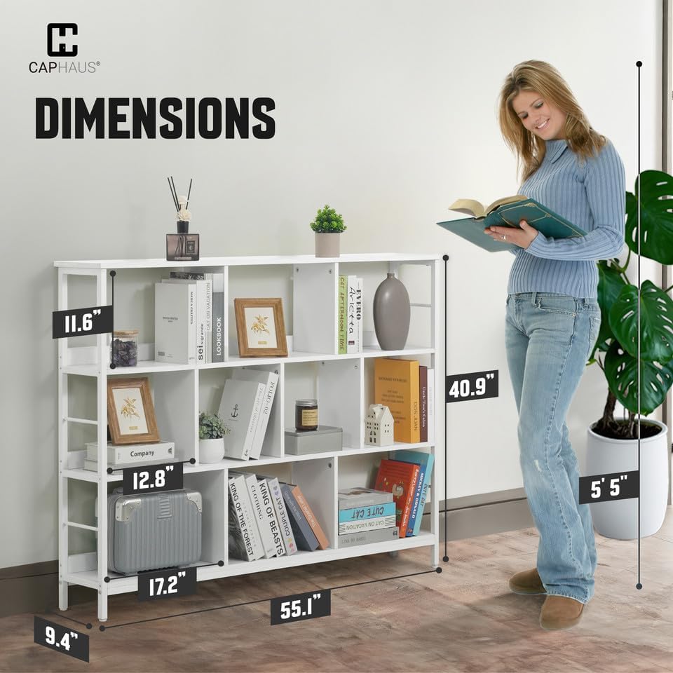 CAPHAUS 10 Cube Storage Organizer, 55” Wide 3 Tier White Industrial Open Shelf Bookcase, Display Shelf, Horizontal Books
