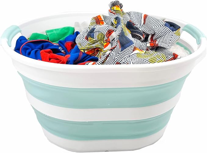 SAMMART 23L (6 Gallons) Collapsible Plastic Laundry Basket - Oval Tub/Basket - Foldable Storage Container/Organizer - Portable Washing Tub (White/Lake Green (Set of 2))