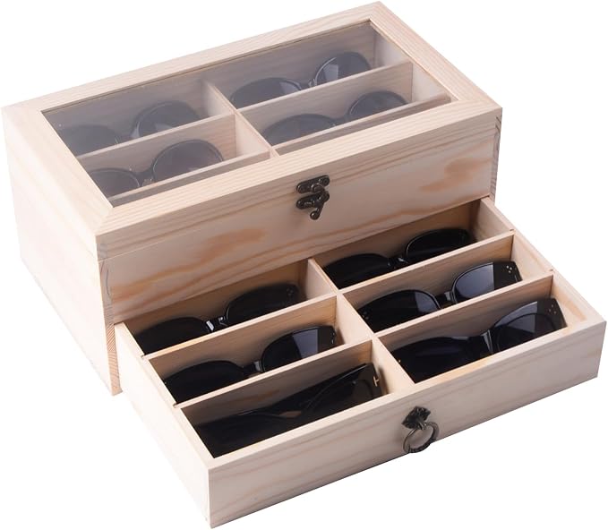 AUTOARK Pine Wood 12 Piece Eyeglass Storage Display Case Organizer,AW-171 | Sunglass Glasses Display,Drawer Lockable,DIY Colors