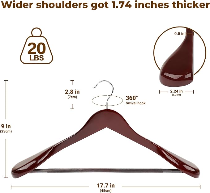 Coat Hanger 8-Pack, MEQUTION Wood Hangers Trouser Hangers Extra Wide Shoulder Wooden Hangers for Heavy Coat, Sweater, Skirt, Suit, Pants, Retro Finish (Cherry)