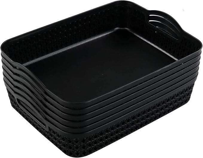 Large Plastic Storage Basket Tray with Handle, Black, Pack of 6