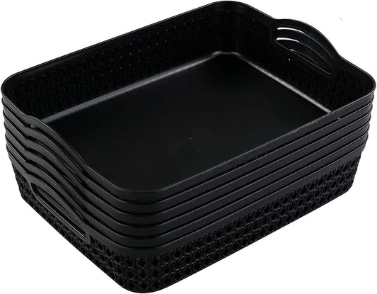 Large Plastic Storage Basket Tray with Handle, Black, Pack of 6