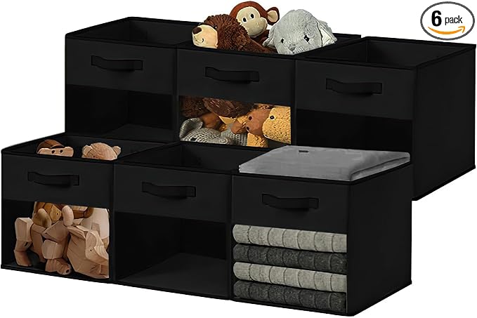 DECOMOMO Storage Bins, Cube Storage Bin with Window | 13" Cube, 6 Pack, Fabric Storage Cubes for Shelves (Black)