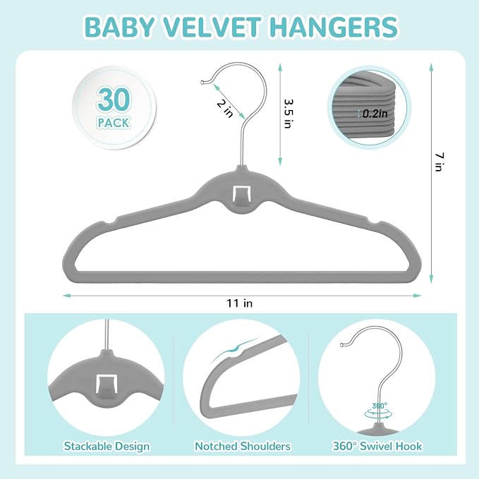 Baby Velvet Stackable Hangers 30 Pack, 11 Inches Gray Kids Clothes Hanger for Closet, Non Slip Toddler Infant Hangers for Nursery, Thin Space Saving Children Felt Hanger with 360° Swivel Hooks