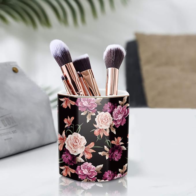 Pen Holder, Pencil Holder for Desk Floral Pattern Pencil Cup for Girls Kids Durable Ceramic Desk Organizer Makeup Brush Holder for Office, Classroom, Home, Black Flower