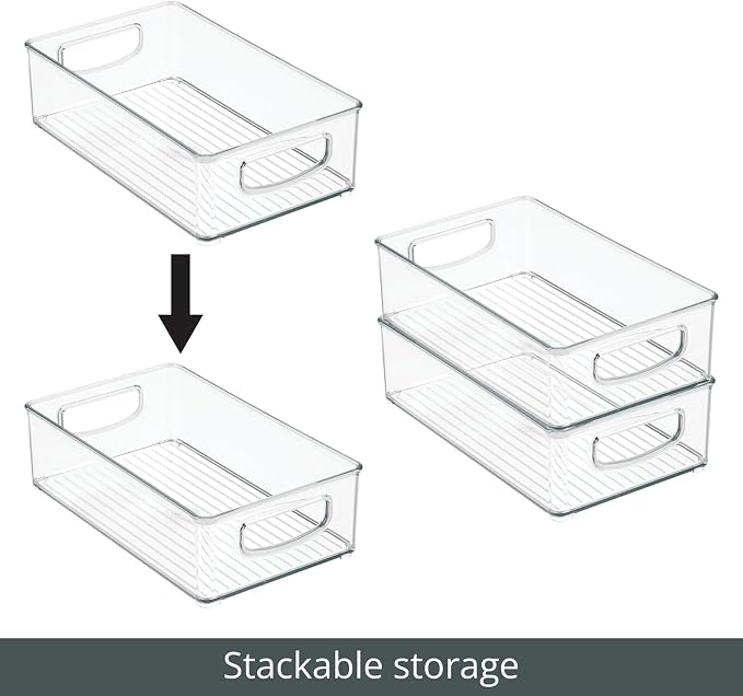 mDesign Plastic Storage Organizer Shallow Container Bin with Handles for Bathroom, Kitchen Cabinet, Pantry, Home Organization - Holds Vitamins, Supplements, Makeup - Ligne Collection - 4 Pack - Clear