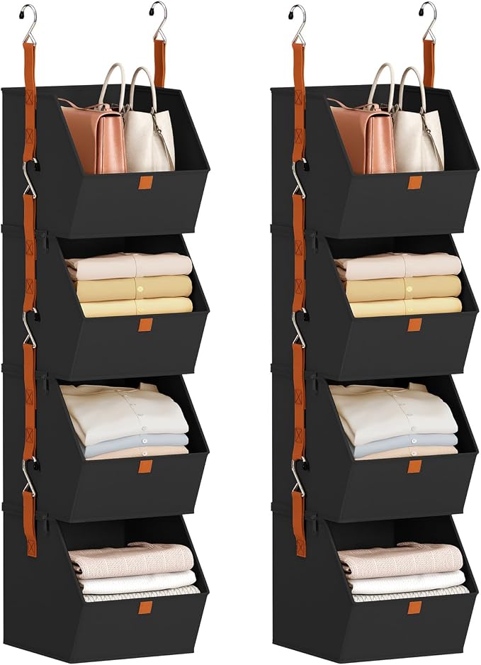 Homsorout Hanging Closet Organizer 4 Tier - Clothes Hanging Shelves, Space-Saving Closet System, Fabric Storage Bins Bedroom Organization, Collapsible Baskets for Home, Dorm, Rv, Black, 8 Pack