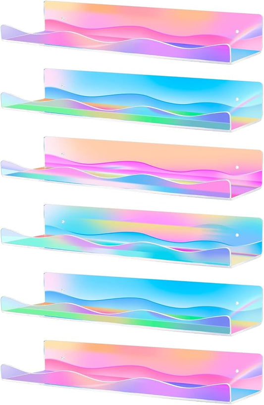 6 Pack Iridescent Acrylic Floating Shelves, 15.7" Clear Acrylic Display Shelves Bookshelf Wall Mounted, Bathroom Kids Room Home Storage Wall Decor Ledge Shelf for Skincare, Perfume, Nail Polish