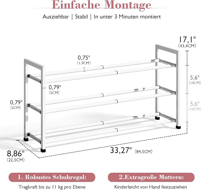 Bumusty 3-Tier Expandable Shoe Rack for Closet, 18“-33” Adjustable Shoe Rack for Small Space, Small Shoe Organizer for Front Door, Sturdy Metal, White