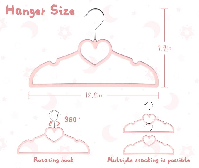 GOSCHE Kids Velvet Hangers (12.8 Inch - 50 Pack), Non-Slip Baby Clothes Hangers for Closet, Ultra Slim Space Saving Children Hanger, 360Degree Swivel-Hook, Infant/Toddler Hangers, Dark Pink