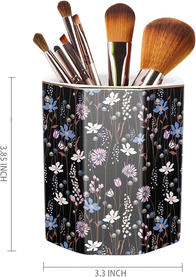 Ceramic Floral Pen Holder for Desk, Cute Large Capacity Colored Pencil Organizer for Office, Makeup Brush Holder for Girl Women, Black Flower
