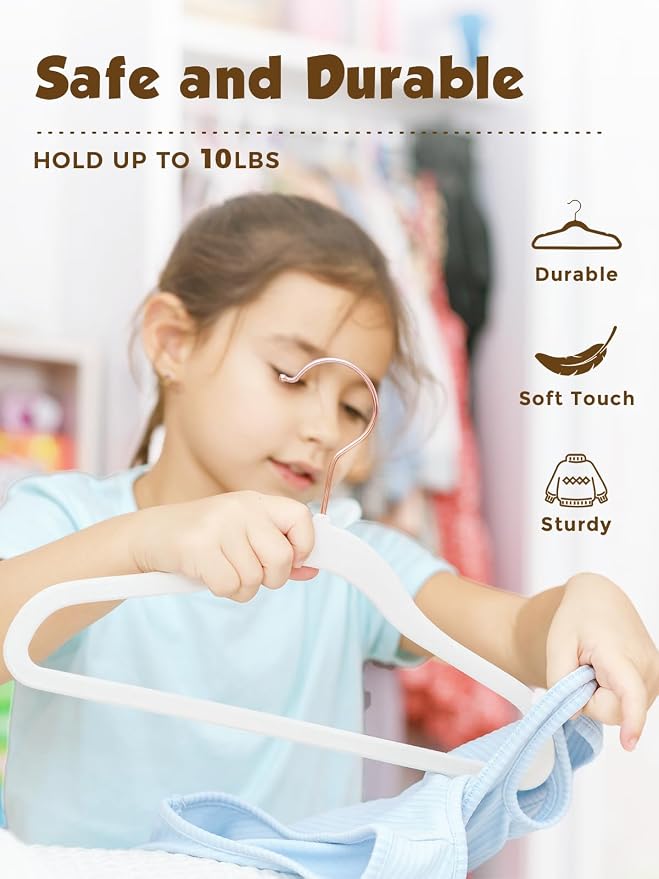 Smartor Kids Velvet Hangers 50 Pack, 14 Inch Premium Non Slip Kids Felt Hangers for Closet, Space Saving Toddler Clothes Hanger for Youth's Childrens' Clothes (Rose Gold Hook)- White