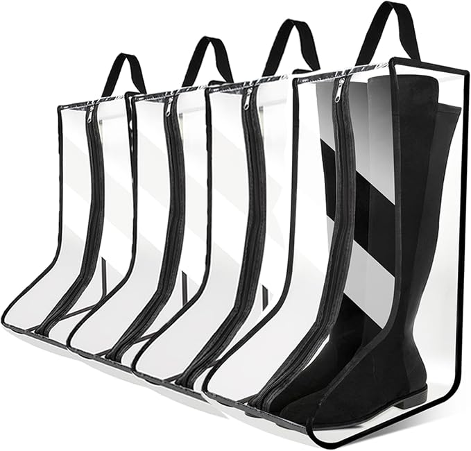 CiBiZi 4Pack Black Boot Bags Organizer for Travel Waterproof Cowboy Boots Bag Portable Shoe Travel Bag for Women Hangable Ski Boot Bag Dust-free Tall Boot Storage Bag (Clear Large)