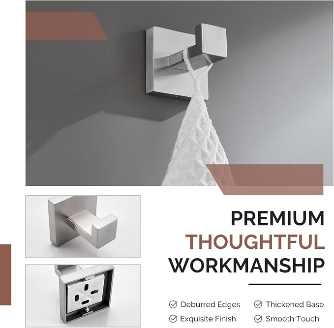 Angle Simple Bathroom Towel Hook Brushed Nickel, SUS304 Stainless Steel Hand Towel Rack, Square Coat Robe Hook, Wall Mount