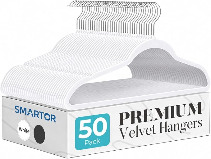Smartor White Velvet Hangers 50 Pack, Non-Slip Space-Saving Clothes Hangers | Premium Slim Felt Hanger for Closet Organizers and Storage, Heavy Duty Hanger with Shoulder Notches and 360° Hooks for Coats