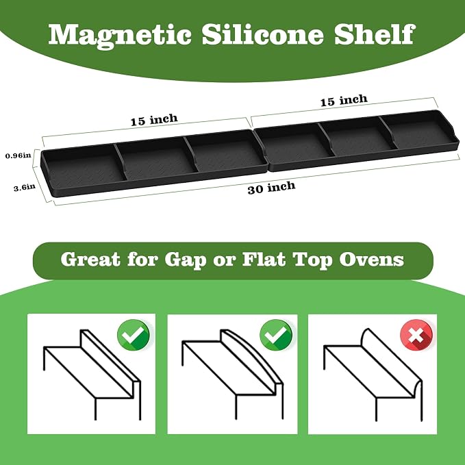 30 Inch Silicone Stove Top Shelf Magnetic for Kitchen, Strong Magnetic Heat Resistant Spice Rack Organizer for Over Stove Oven (Black-two part)