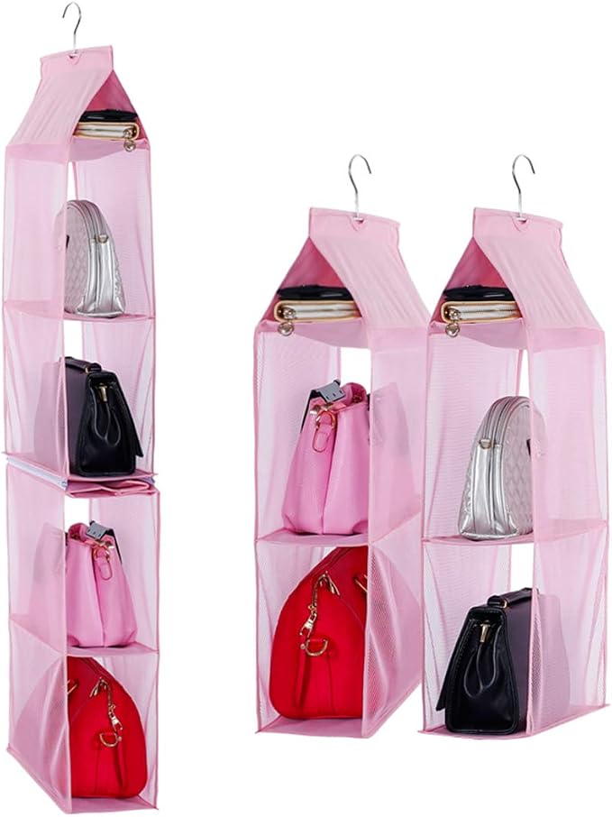 Detachable 4 Compartment Organizer Pouch Hanging Handbag Organizer Clear Purse Bag Collection Storage Holder Wardrobe Closet Space Saving Organizers System for Living Room Home Use (Pink)
