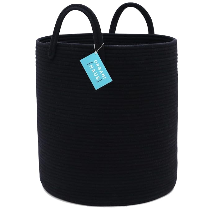 OrganiHaus Tall Cotton Rope Laundry Basket & Hamper, Blanket Storage 52L | Full Black - Tall Cotton Rope Hamper, 52L