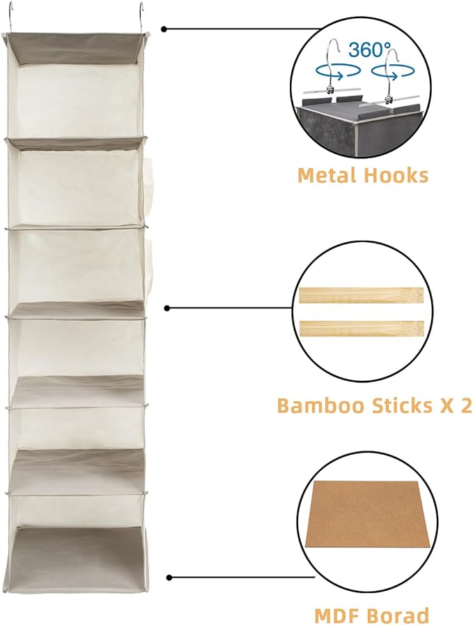 2 Packs Hanging Closet Organizer, 6-Shelf Closet Organizers and Storage with Side Pockets, Collapsible Hanging Shelves for Closet & RV & College Dorm,Beige