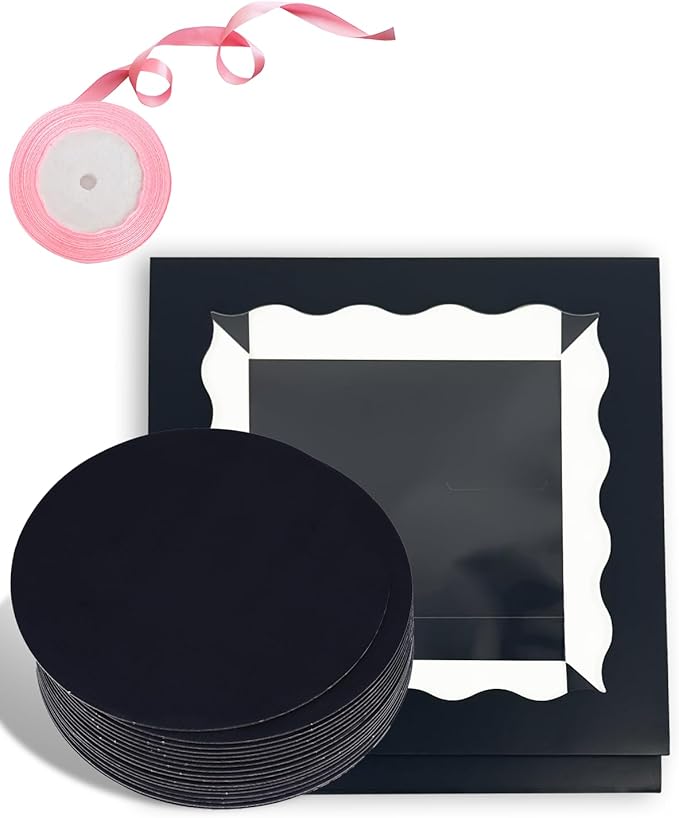 qiqee Black 10x10x8 Cake Box, 4 Sets Cake Box with Window ＆ 4 Sets 10" Cake Round Boards, 10inch Cake Containers, 10 Meters Pink Silk Ribbon Includes
